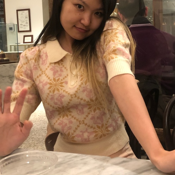 🐮 Cow Pattern Polo Mohair-like Sweater Pink and Cream - Picture 5 of 7